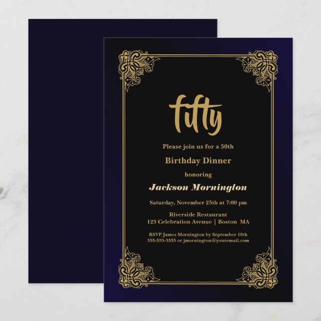 Invitation Dîner de 50e anniversaire noir et or (Devant / Derrière)