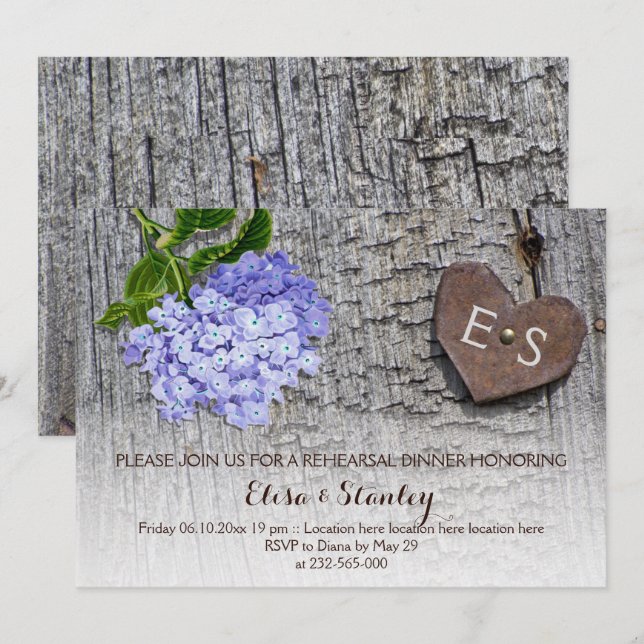 Invitation Dîner de coeur en bois d'hydrangée bleue mariage (Devant / Derrière)