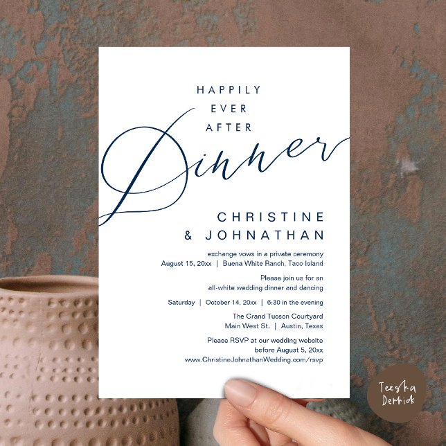 Invitation Dîner de conte de fées Mariage romantique (Happily Ever After Dinner, Modern Romantic Wedding Invites Card, PDF, Minimalist Clean, Navy Blue)