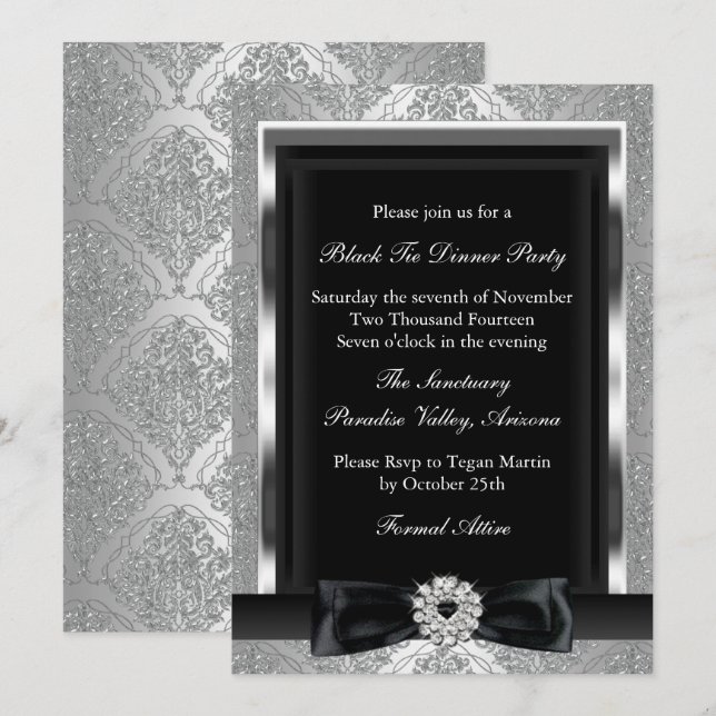 Invitation Dîner de Cravate noir officiel Damask & Bow Invita (Devant / Derrière)