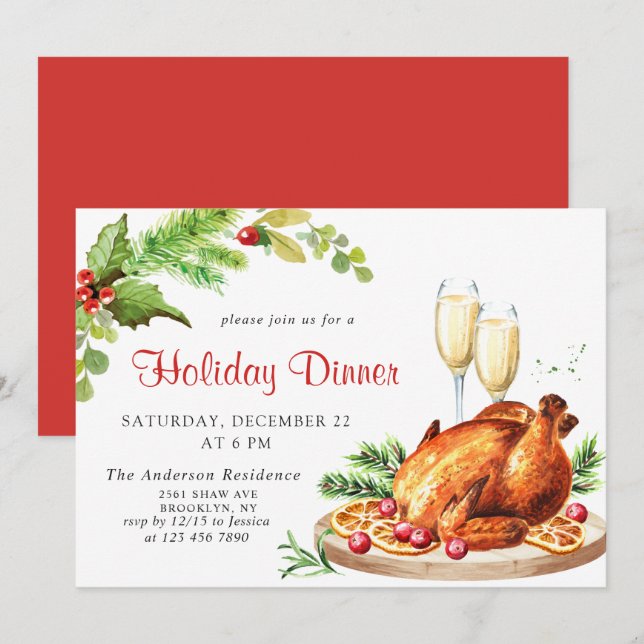Invitation Dîner de fête de Noël aux baies de houx (Devant / Derrière)