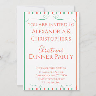 Invitation Dîner de fête de Noël avec rayures rouges et verte