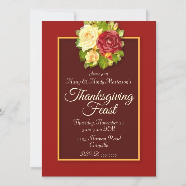 Invitation Dîner de fête de Thanksgiving aux roses aquarelles (Devant)