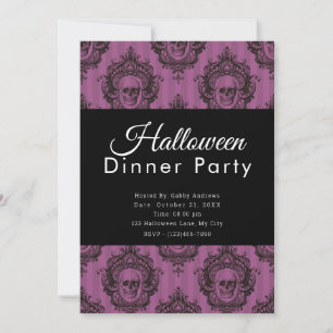 Invitation Dîner de fête d'Halloween Crânes Violet & Noir