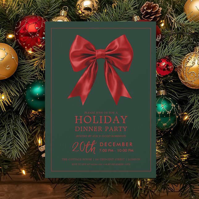 Invitation Dîner de fête formel rouge satin bow vert (Formal Holiday Dinner Party Red Satin Bow Green Invitation)
