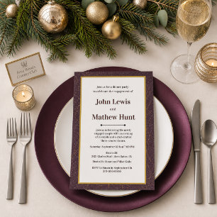 Invitation Dîner de fiançailles en faux cuir prune et or