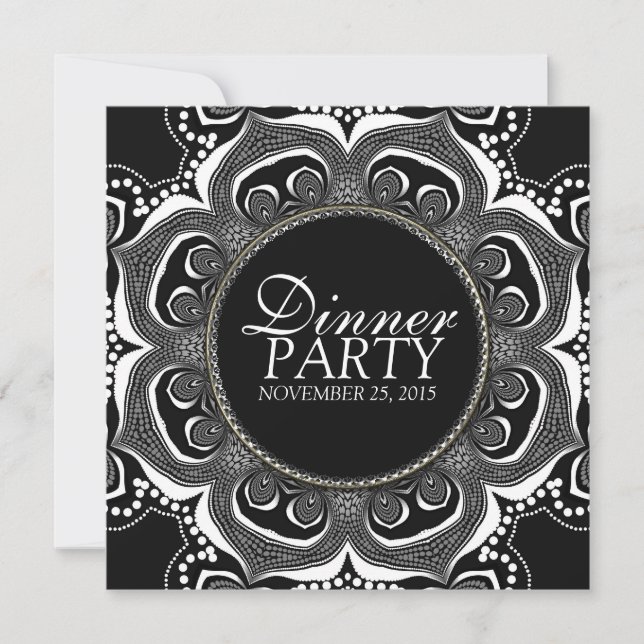 Invitation Dîner de Fleur Tribale Noire & Blanc Personnalisé (Devant)