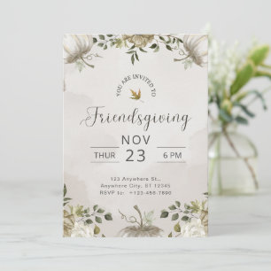 Invitation Dîner de Friendsgiving aux fleurs blanches et beig