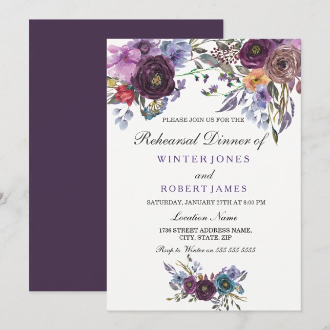 Invitation Dîner de la répétition de mariage floral violet d' (Devant / Derrière)