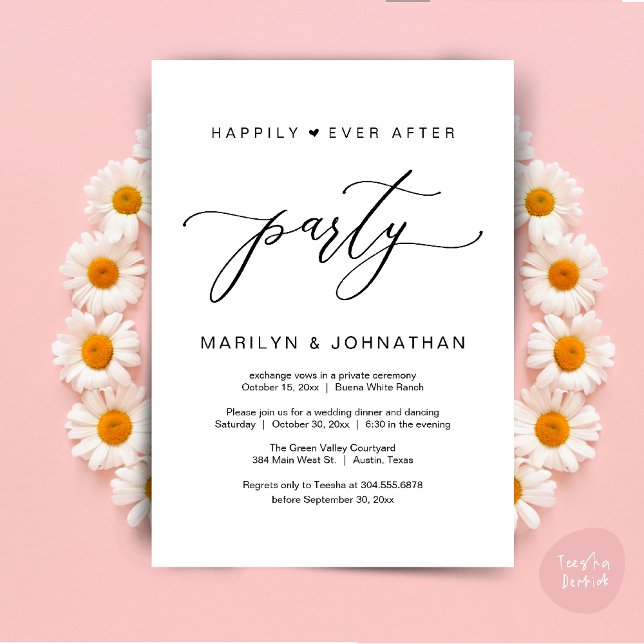 Invitation Dîner de Mariage de Fuite pour la Fête du "Happily (Happily Ever After Party Wedding Elopement Romantic Dinner Brunch Invitation Card PDF White Black)