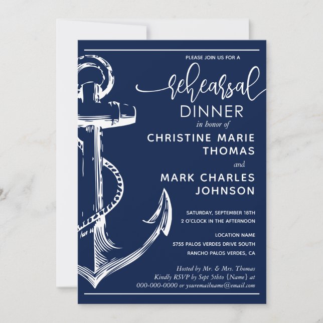 Invitation Dîner de Mariage de la répétition d'Ancres nautiqu (Devant)