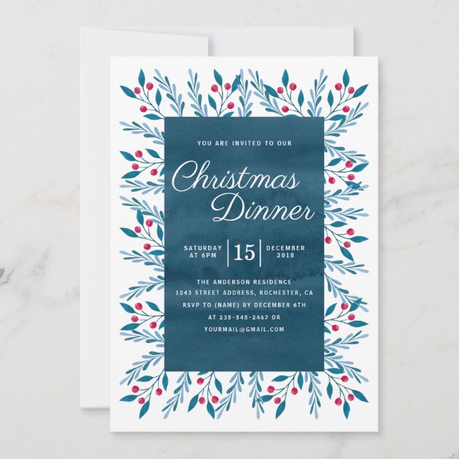 Invitation Dîner de Noël Aquarelle bleue Florale (Devant)