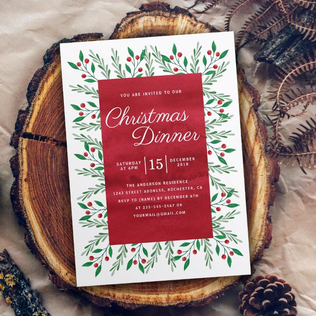 Invitation Dîner de Noël Aquarelle rouge Floral (Créateur téléchargé)