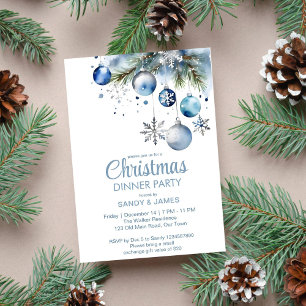 Invitation Diner de Noël argent bleu baubles