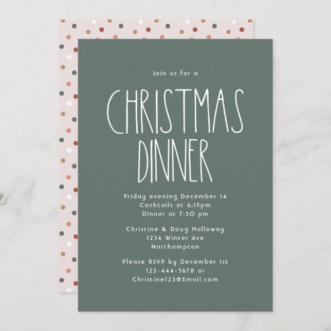 Invitation Dîner de Noël Boho Polka vert (Devant / Derrière)