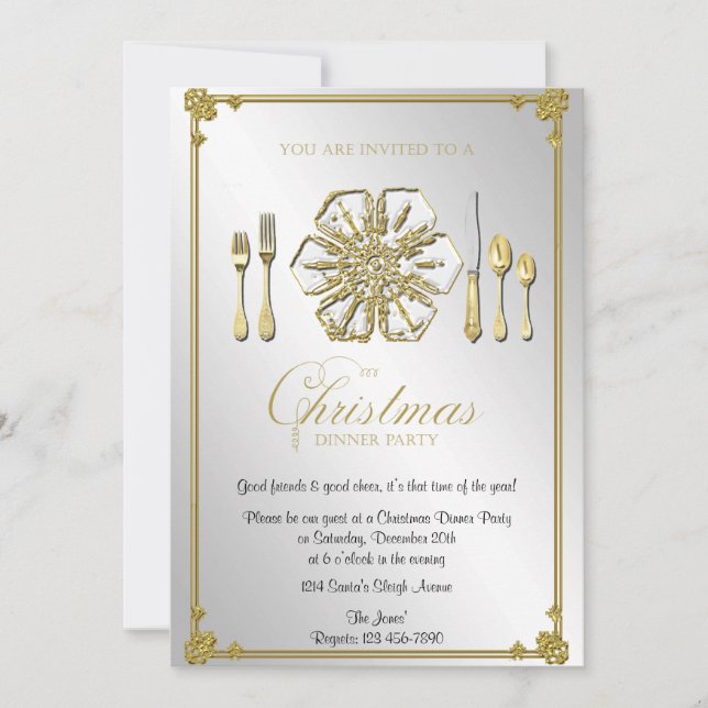 Invitation Dîner de Noël de flocon de neige d'or (Devant)