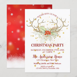 Invitation Dîner de Noël de Reindeer Parties scintillant d'or