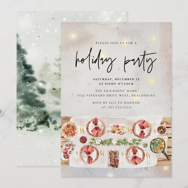 Invitation Dîner de Noël Fête Dîner Moderne Aquarelle (Devant / Derrière)