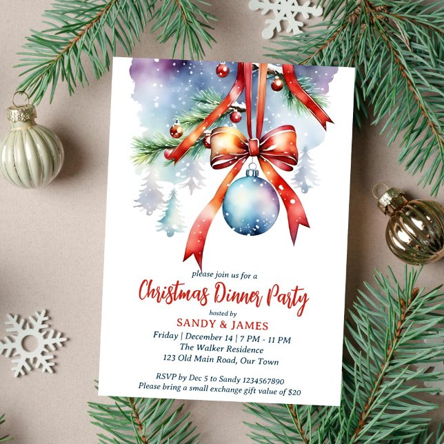 Invitation Diner de Noël fête traditionnelle aquarelle (Christmas dinner party template invitation instant download traditional watercolor pines red baubles)
