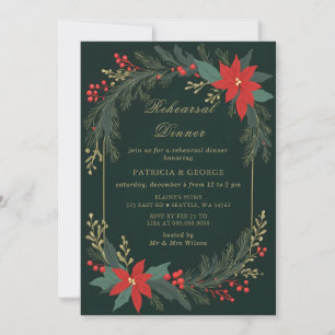 Invitation Dîner de Noël Floral Gold Vert