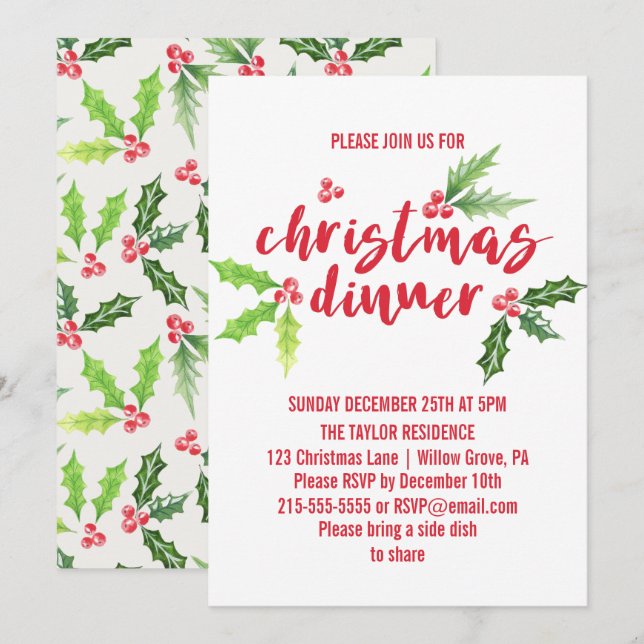 Invitation Dîner de Noël Holly Aquarelle (Devant / Derrière)