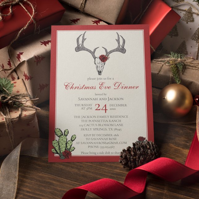 Invitation Dîner de Noël occidental Reindeer Antlers & Cactus (Western Christmas Eve Dinner Party Invites. Hand-Drawn Reindeer Skull, Antlers, RedRoses & Cacti.)