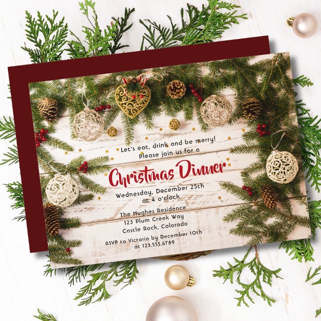 Invitation Dîner de Noël Pin Rustique Floral (Créateur téléchargé)