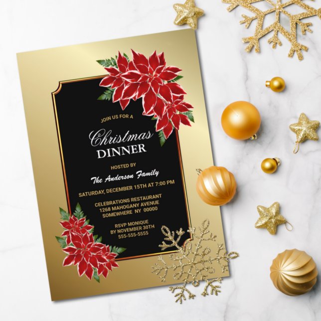Invitation Dîner de Noël Poinsettia Or Bordée Noire (Créateur téléchargé)