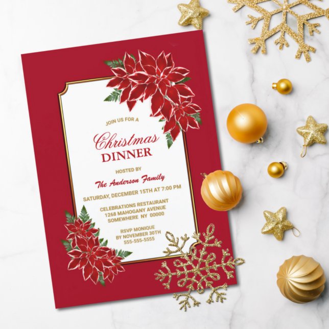 Invitation Dîner de Noël Poinsettia Rouge Bordé (Créateur téléchargé)