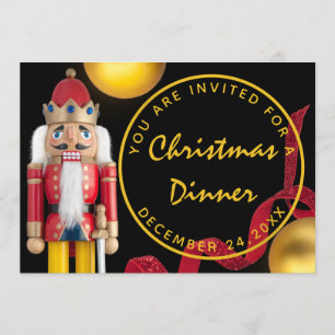 Invitation Dîner de Noël rouge blanc or Nutcracker
