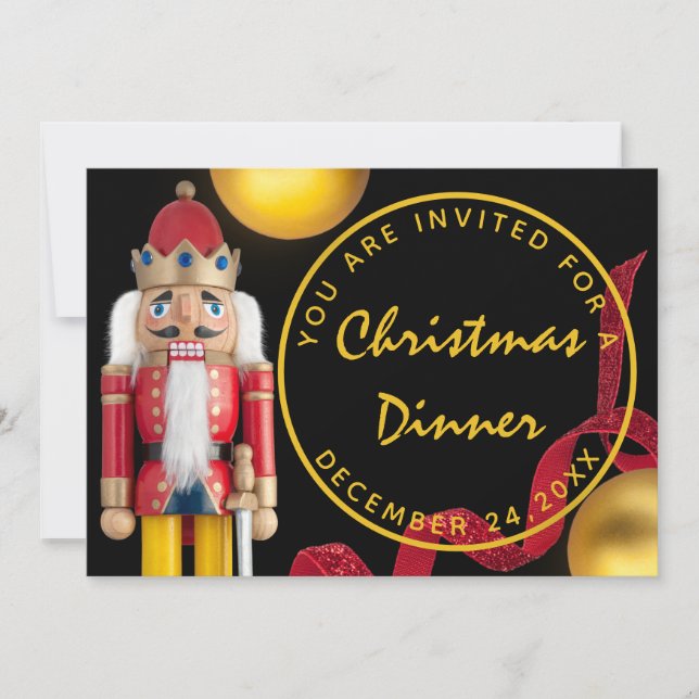 Invitation Dîner de Noël Rouge Diner d'or blanc (Devant)