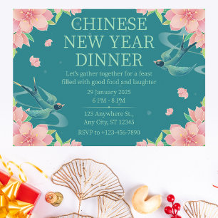 Invitation Dîner de Nouvel An Chinois au thé floral sarcelle