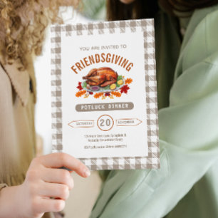 Invitation Dîner de potluck de Thanksgiving en Gingham d'auto