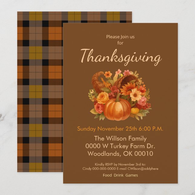 Invitation Dîner de récolte de Thanksgiving (Devant / Derrière)