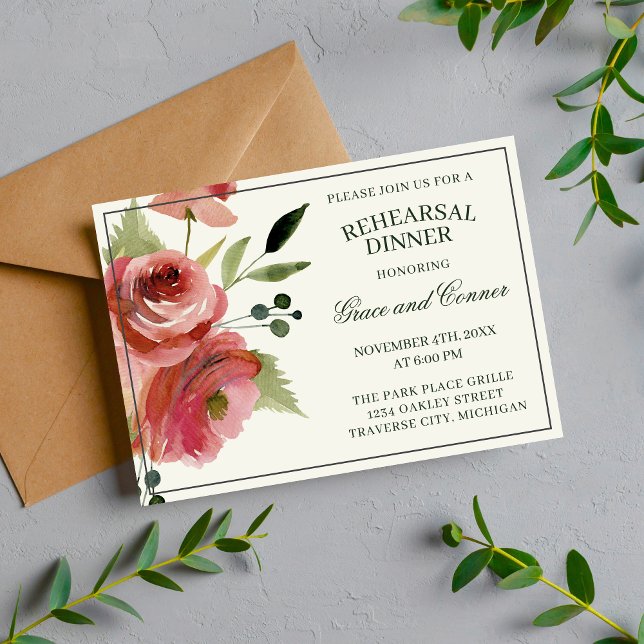 Invitation Dîner de répétition À feuillage persistant rose fl (Créateur téléchargé)