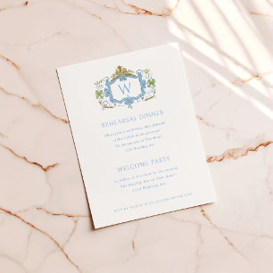 Invitation Dîner de répétition à monogramme de crête bleu roc