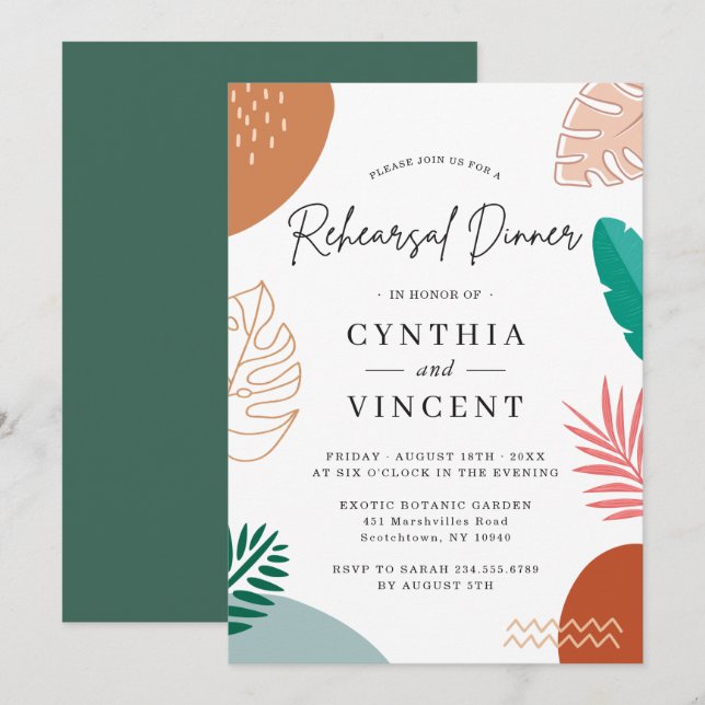 Invitation Dîner de répétition Abstrait pour Mariages tropica (Devant / Derrière)