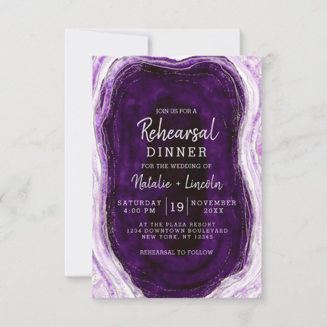 Invitation Dîner de répétition Amethyst Purple & Silver Geode (Devant)