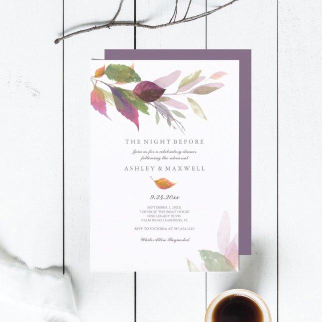 Invitation Dîner de répétition Aquarelle Feuilles d'automne (rehearsal dinner invitations the night before autumn leaves purple)