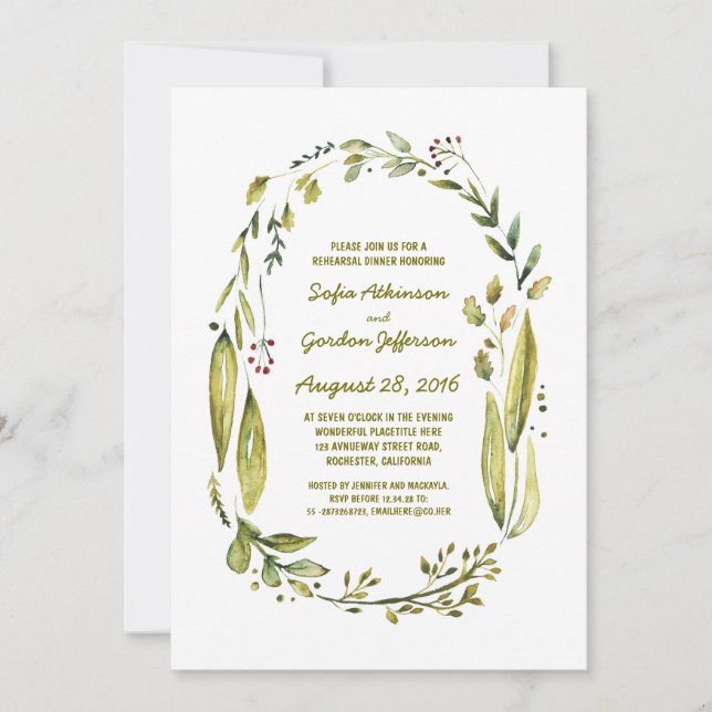Invitation dîner de répétition aquarelle laurier rustique (Devant)
