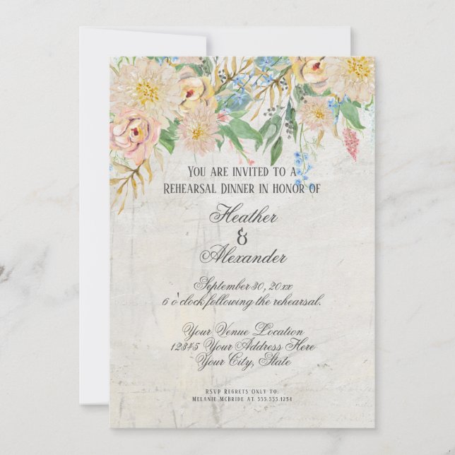 Invitation Dîner de répétition Aquarelle moderne Marbre flora (Devant)