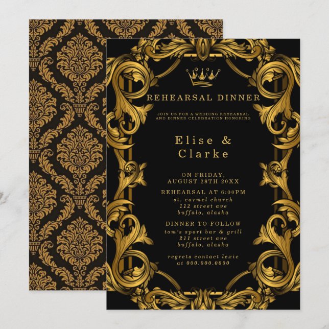 Invitation Dîner de répétition Art Déco Black Gold Royal (Devant / Derrière)
