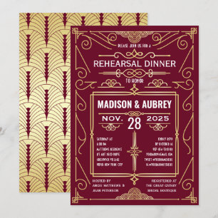 Invitation Dîner de répétition Art Déco Mariage Gold Burgundy