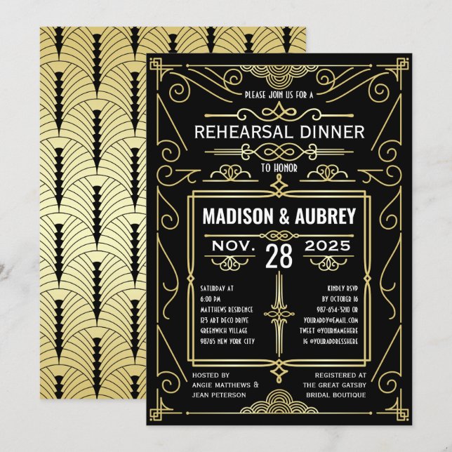 Invitation Dîner de répétition Art Déco Mariage Gold Noir (Devant / Derrière)