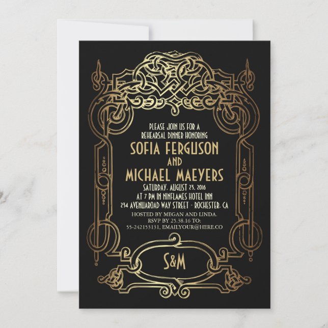 Invitation Dîner de répétition Art déco noir et or (Devant)