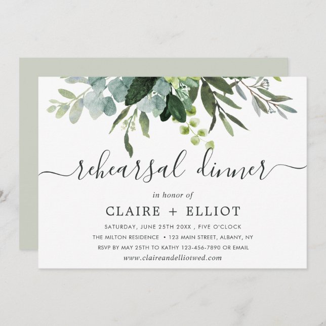 Invitation Dîner de répétition au feuillage vert d'eucalyptus (Devant / Derrière)