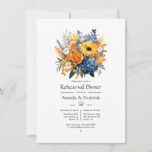 Invitation Dîner de répétition aux fleurs bleues, orange et j