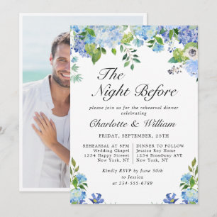 Invitation Dîner de répétition avec verdure et hortensia bleu