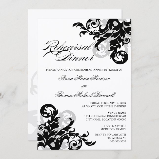 Invitation Dîner de répétition Black and Silver (Devant / Derrière)
