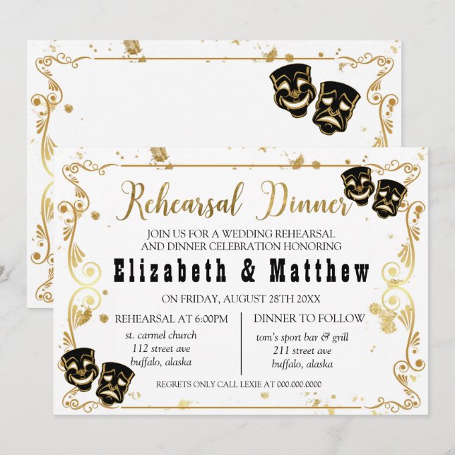 Invitation Dîner de répétition Black Gold Comedy et Tragedy (Devant / Derrière)